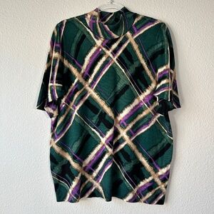 Chicos size 3 /XL mock neck short sleeve sweater green plaid artsy soft rayon